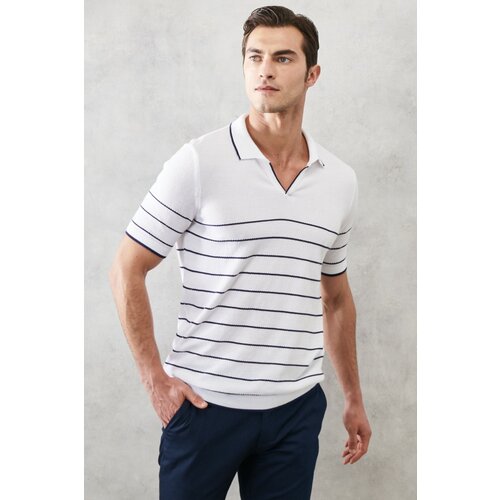 AC&Co / Altınyıldız Classics Men's White-Navy Blue Standard Fit Normal Cut 100% Cotton Polo Collar Knitwear T-Shirt. Slike