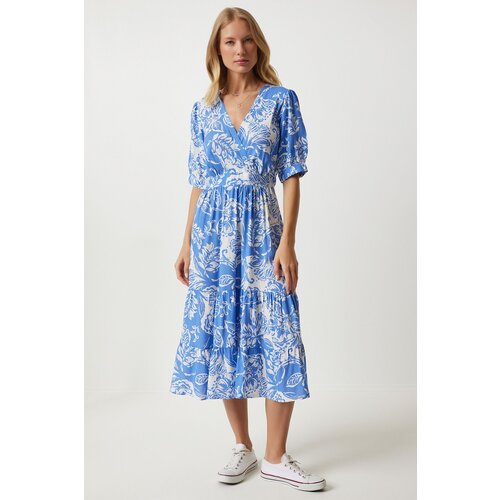  Women&amp;#039;s Blue Wrap Collar Floral Summer Viscose Dress Slike