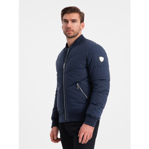 Ombre Men&amp;#039;s quilted bomber jacket with metal zippers - navy blue Slike
