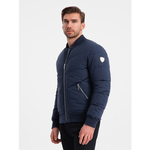 Ombre Men's quilted bomber jacket with metal zippers - navy blue Slike