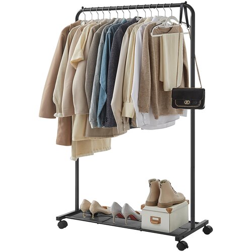 Songmics Stojalo za oblačila na kolesih, kovinsko stojalo za oblačila z enim vodilom s polico za shranjevanje, zgornja vodila podpira do 40 kg, črna HSR25BK, (21671054) Cene