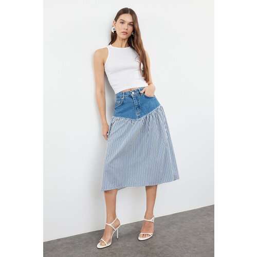 Trendyol Multicolored Striped Color Blocked High Waist Midi Denim Skirt Cene