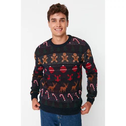 Trendyol Navy Blue Men's Christmas Themed Crew Neck Knitwear Sweater