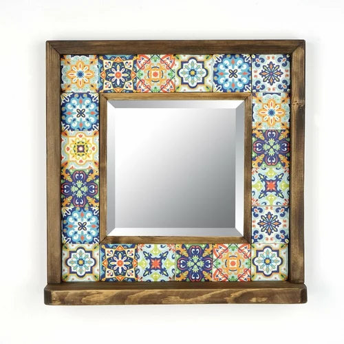 Wallity Zidno ogledalo s policom i drveno-kamenim okvirom 32,5x33 cm -