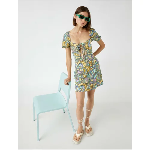 Koton Patterned Mini Dress with Window Detail Balloon Sleeves