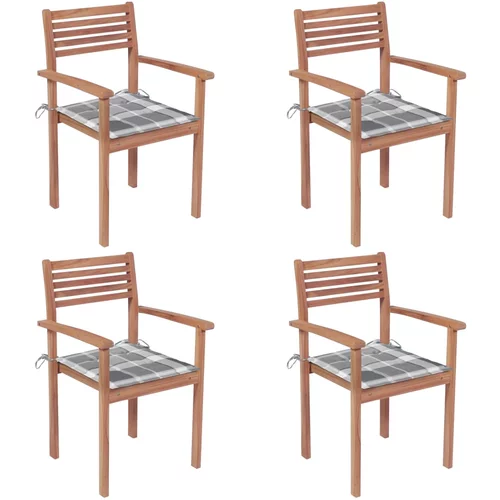  Vrtne stolice sa sivim kariranim jastucima 4 kom od tikovine
