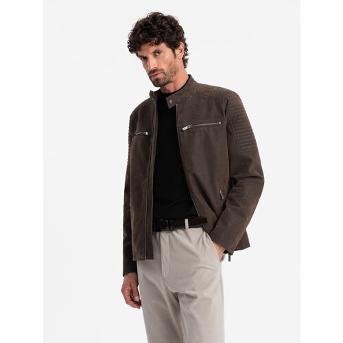 Ombre Men&amp;#039;s retro biker jacket with stand-up collar - brown Slike