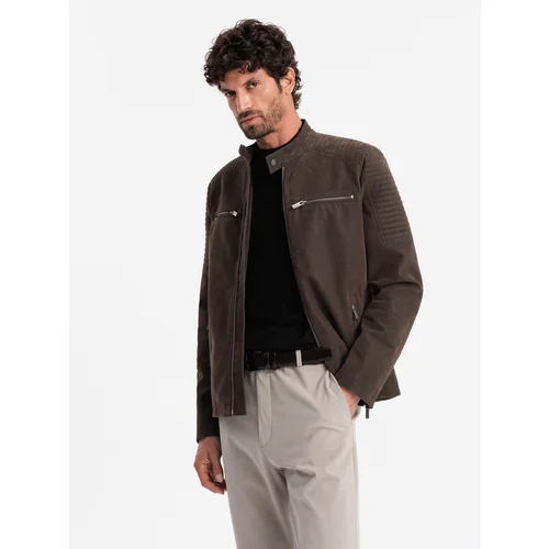 Ombre Men's retro biker jacket with stand-up collar - brown