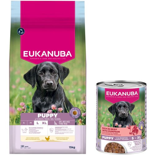  15 kg Eukanuba suha hrana + 3 x 400 g odgovarajuće mokre hrane gratis! - Puppy Large &amp;amp; Giant Breed piletina + Puppy bogato govedinom s bundevom Slike