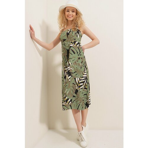 HAKKE Women's Green Zippered Big Palm Pattern Dress ELB-19000615 Slike