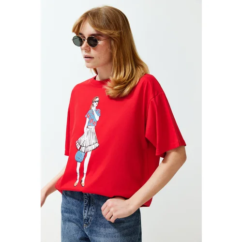 Trendyol Red Printed Relaxed Crew Neck Knitted T-Shirt