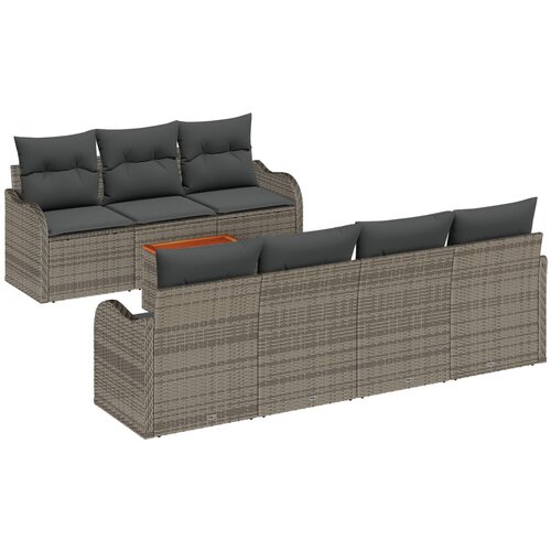 VidaXL 8-dijelni set vrtne sofe s jastučićima siva poli ratan acacija, 2-sjedalna vrtna sofa s odlaganjem i jastučićima siva poli ratan Slike