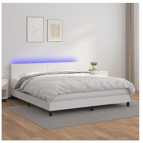  Box spring postelja z vzmetnico LED bela 160x200cm umetno usnje
