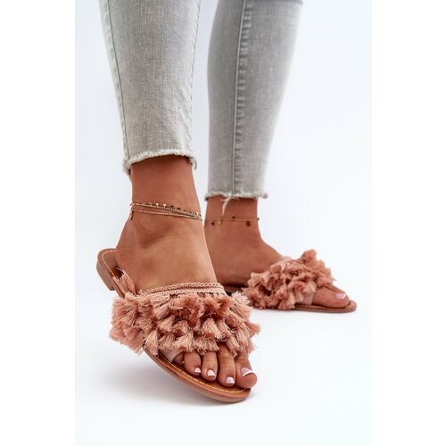 Kesi Women's flat slippers with fringe, off-pink Rialle Slike