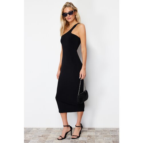 Trendyol black fitted one sleeve stretchy knitted midi knitted midi dress Cene