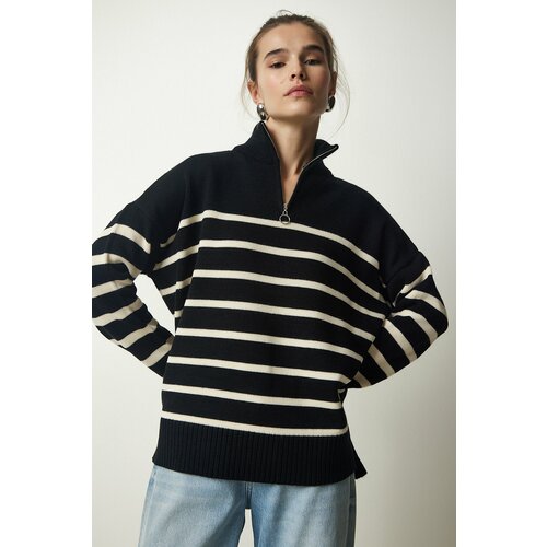 Happiness İstanbul Women's Black and White Zippered Collar Striped Knitwear Sweater Slike