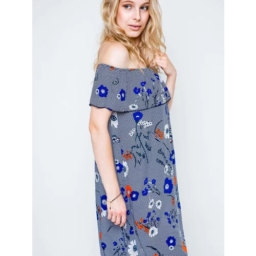 J.Stars Fashion Dress with a carmen neckline decorated with a print in flowers and butterflies navy blue
