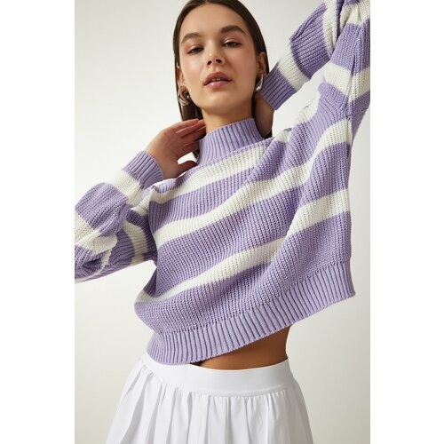Happiness İstanbul Women's Lilac High Collar Striped Knitwear Sweater Slike