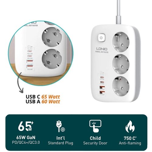  Produzni kabl LDNIO SE3436 EU 3 uticnice + 2xUSB QC 2xPD GaN 2m Cene