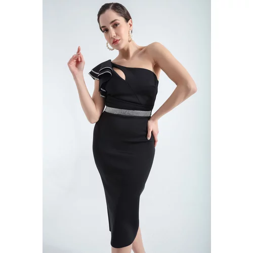 Lafaba Women's Black One-Shoulder Frilly Midi Evening Dress