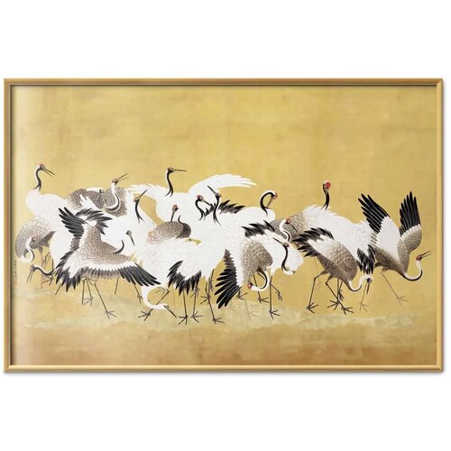  Plakat Japanese Cranes - a flock of birds against a golden background based on the painting of Ishida Yūtei 30x21 Zlatni okvir Cijene