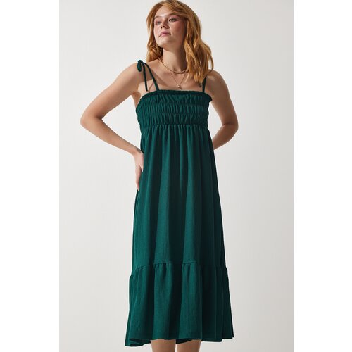 Happiness İstanbul women's emerald green strappy crinkle summer knitted dress Cene