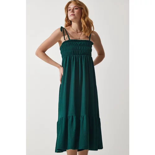Happiness İstanbul Women's Emerald Green Strappy Crinkle Summer Knitted Dress