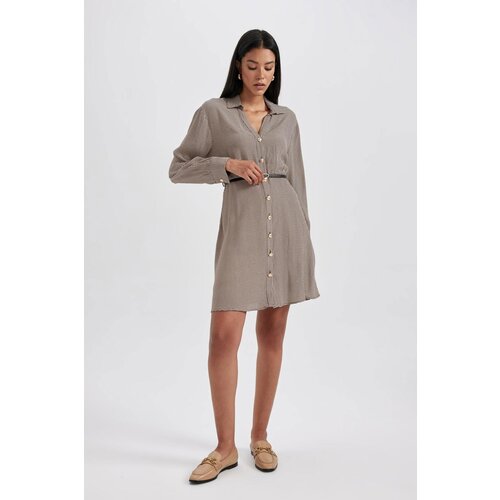 Defacto Shirt Lapel Crowbar Twill Mini Long Sleeve Dress Cene
