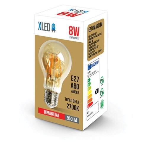 Xled E27 8W A60 Filament Sijalica dimabilna,2700K,220V,950Lm,60*108mm,Ra&amp;amp;#8805;80 PF&amp;amp;#8805;0.5 amber Slike