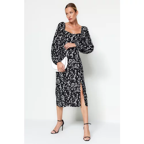 Trendyol Straight-Cut Patterned Black Viscose Woven Dress with Slit Detail