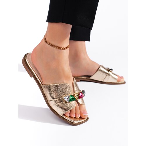 Shelvt Women&amp;#039;s gold flip-flops with pebbles Slike