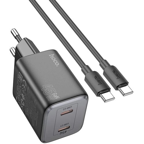 Hoco. zidni punjač 2 x Type-C + kabel Type-C do Type-C PD QC 45W GaN N42 crni Slike