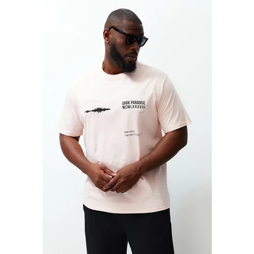 Trendyol Plus Size Powder Men's Relaxed/Comfortable Cut Printed 100% Cotton T-Shirt