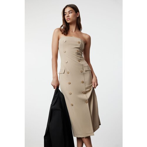 Trendyol Stone Straight Cut Button Detailed Strapless Midi Woven Dress Cene