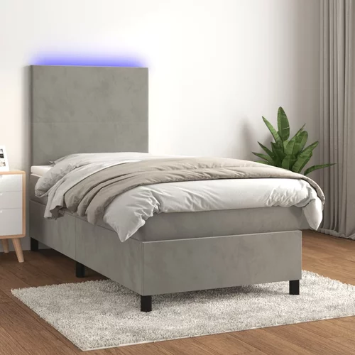vidaXL Box spring postelja z vzmetnico LED svetlo siva 90x190cm žamet