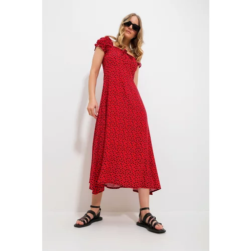 Trend Alaçatı Stili Women's Red Square Neck Floral Pattern Woven Dress