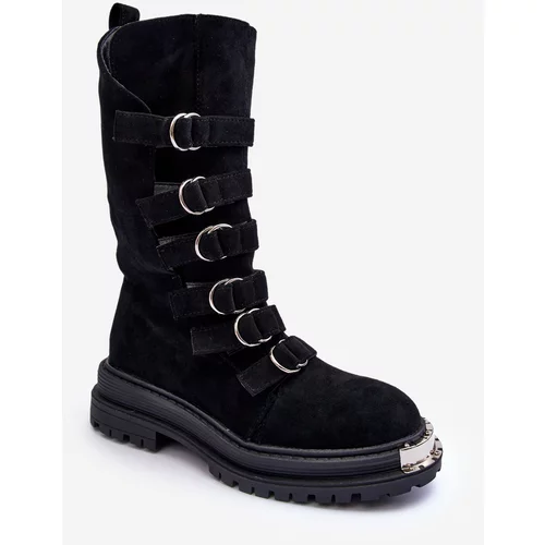 Kesi Suede High Work Ankle Boots with Straps Black Elnatea