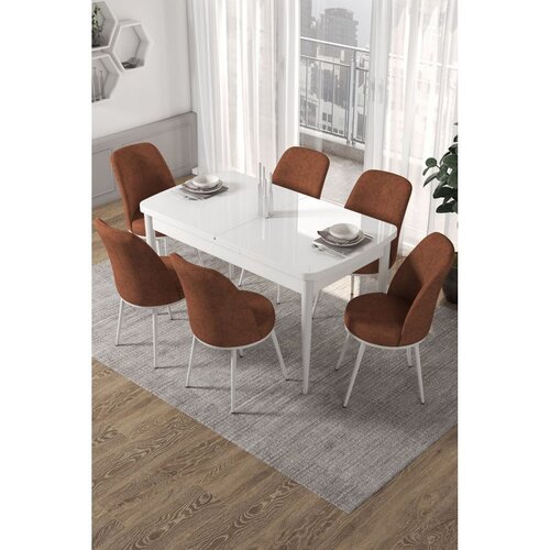Hanah home trpezarijski set Via, sto na razvlačenje i 6 stolica, bela ploča, terakota tkanina Jerry Cene