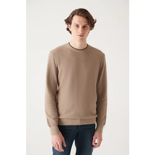 Avva Men's Beige Double Collar Detailed Textured Cotton Standard Fit Regular Cut Knitwear Sweater