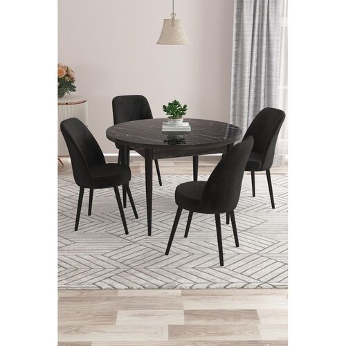 Hanah home trpezarijski set Kea, sto i 4 stolice, ploča u dekoru crnog mermera, crna tkanina Babyface Cene