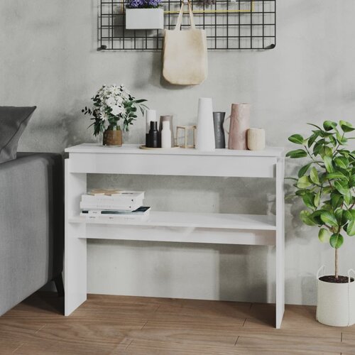 VidaXL Konzolna mizica visok sijaj bela 102x30x80 cm iverna plo&amp;scaron;ča Slike