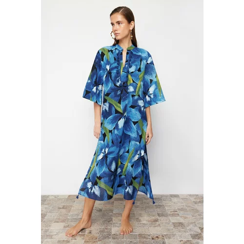 Trendyol Blue-Green Floral Patterned Maxi Woven Kimono&Kaftan