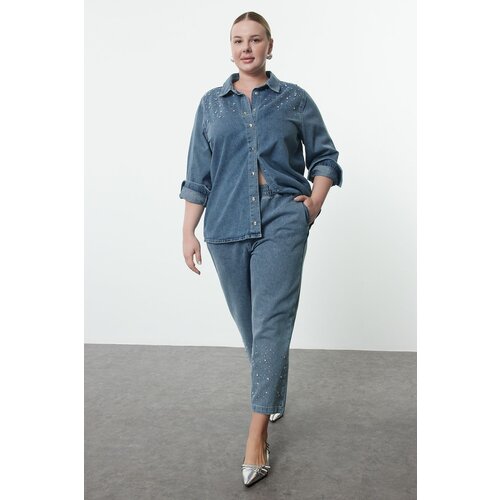 Trendyol curve light blue stoned plus size denim shirt Slike