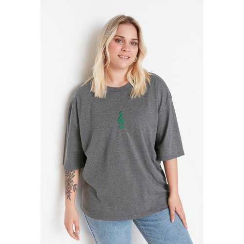 Trendyol Curve Anthracite Embroidered Knitted T-Shirt Cene