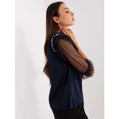 Fashion Hunters Navy blue formal blouse with mesh sleeves