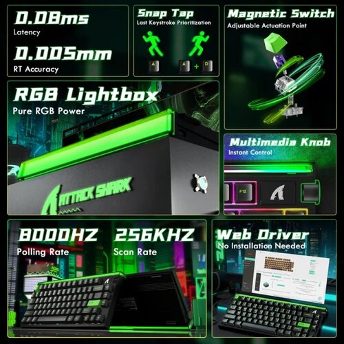 Attack Shark gaming tastatura R85HE magnetic Switches/8KHz/RT/Snap tap/dks/mt/tgl/fluorescent green Slike