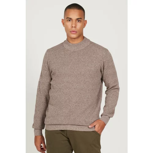 AC&Co / Altınyıldız Classics Men's Brown-Ecru Recycle Standard Fit Normal Cut Half Turtleneck Cotton Jacquard Knitwear Sweater.