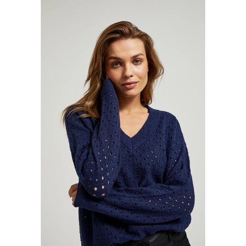 Moodo Women's openwork sweater with metallic thread - dark blue Slike