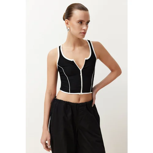 Trendyol Black Zippered Ribbed Flexible Crop Knitted Tank Top