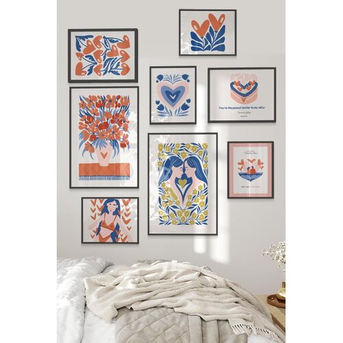 Wallxpert set od 8 uramljenih slika Çgs-034, narandžasto-plavi folk motivi – srca, cvetovi i ženski portreti, crni ram Cene
